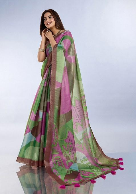 Green Printed Silk Saree Set