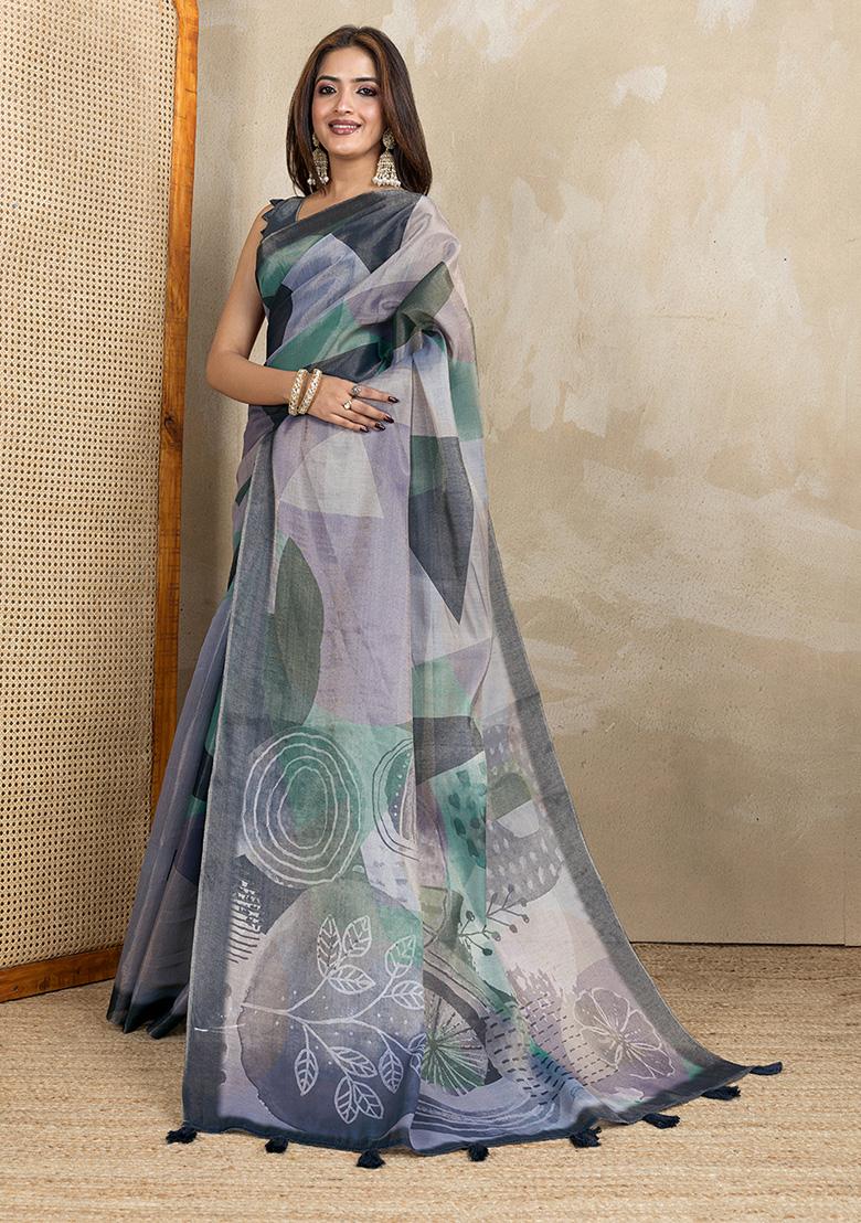 Grey Printed Silk Saree Set - Indya