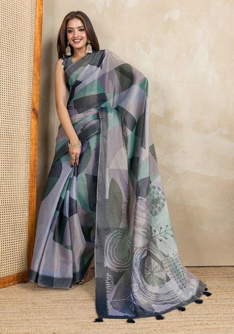 Grey Printed Silk Saree Set