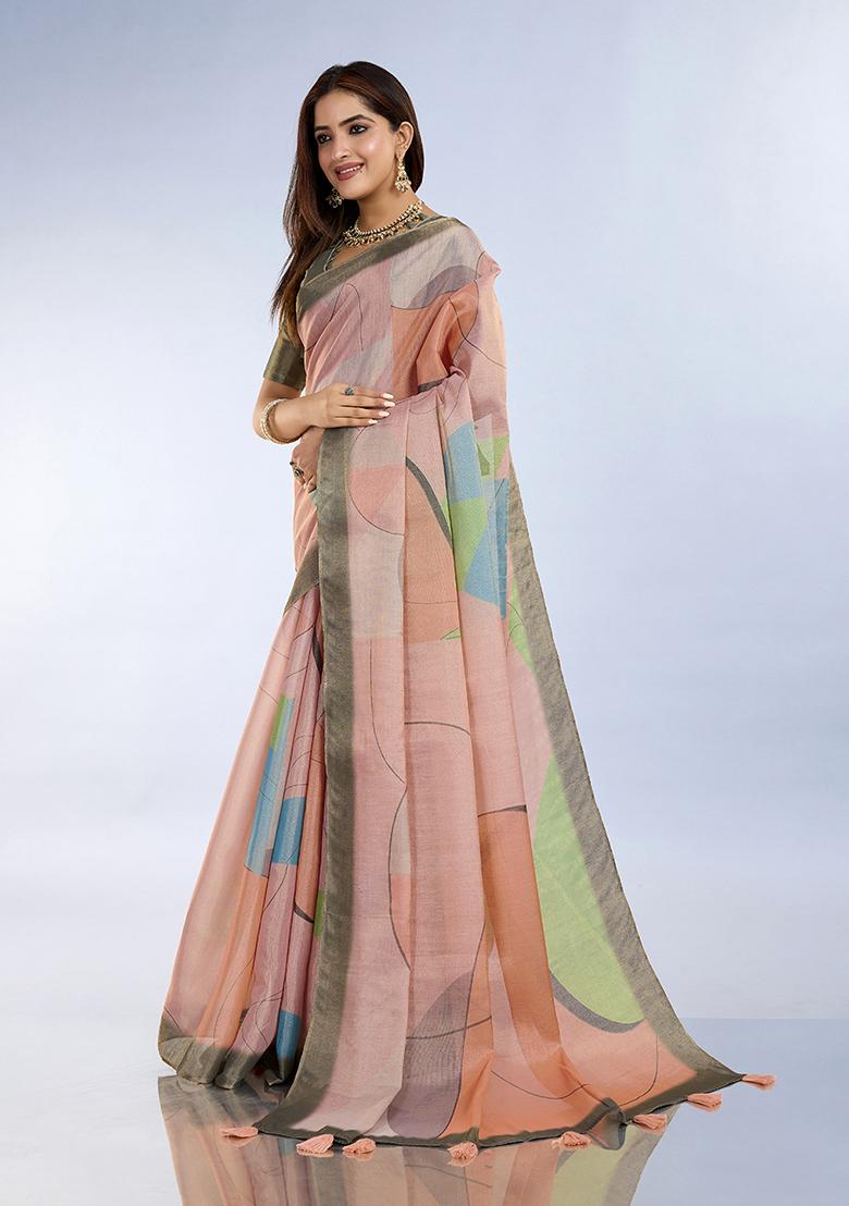 Light Peach Printed Silk Saree Set - Indya