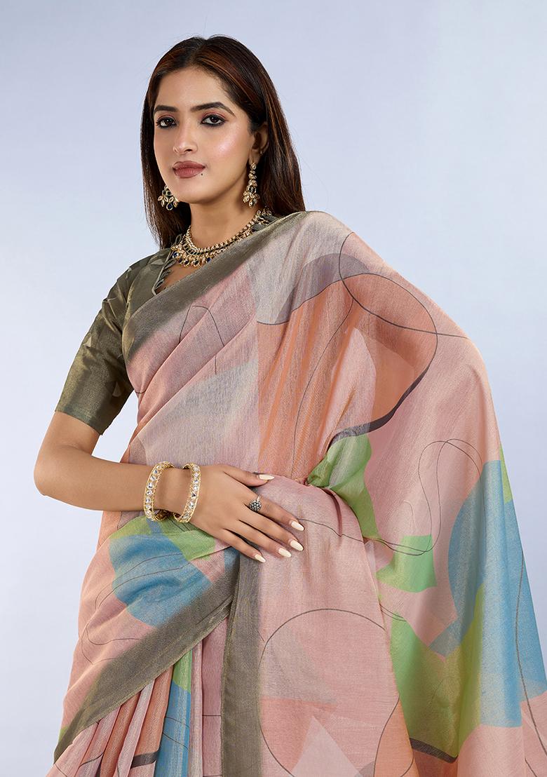 Light Peach Printed Silk Saree Set - Indya