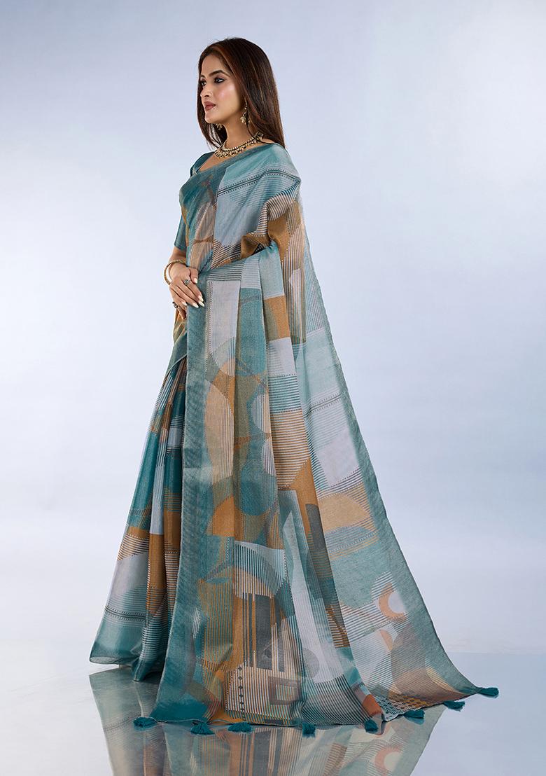 Rama Blue Printed Silk Saree Set - Indya