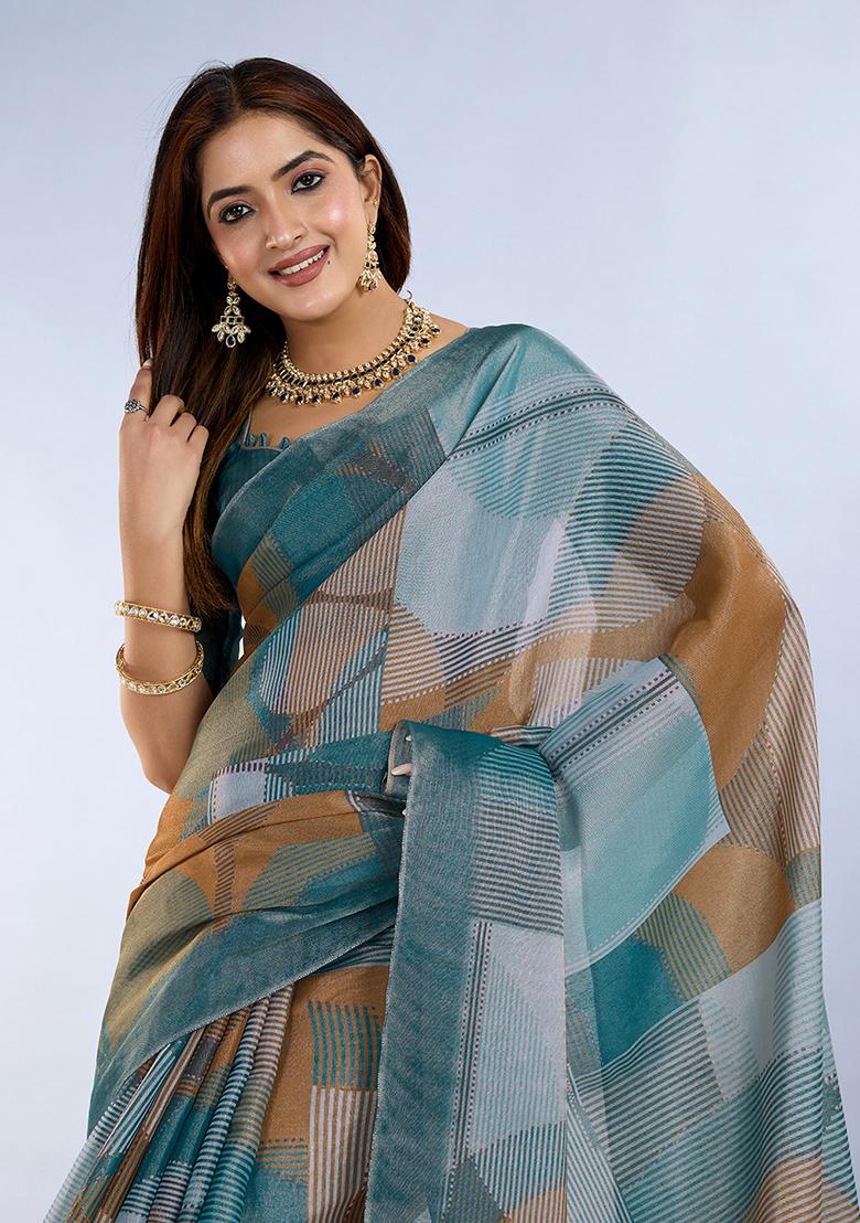 Rama Blue Printed Silk Saree Set - Indya