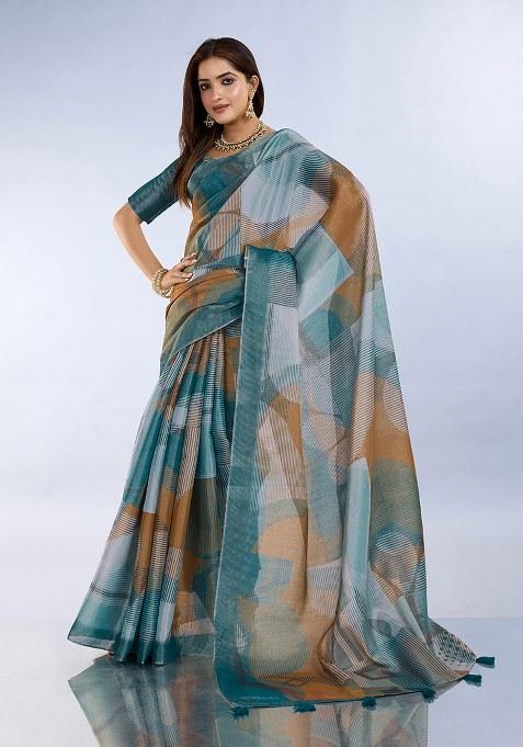 Rama Blue Printed Silk Saree Set