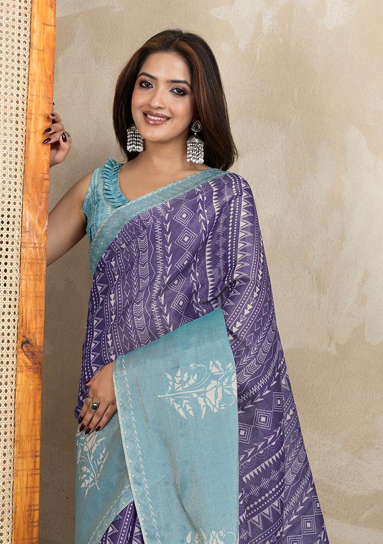 Blue Printed Silk Saree Set - Indya