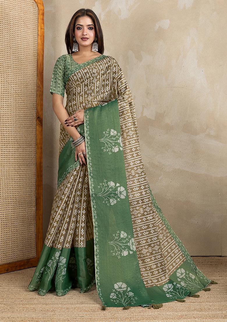 Brown Printed Silk Saree Set - Indya