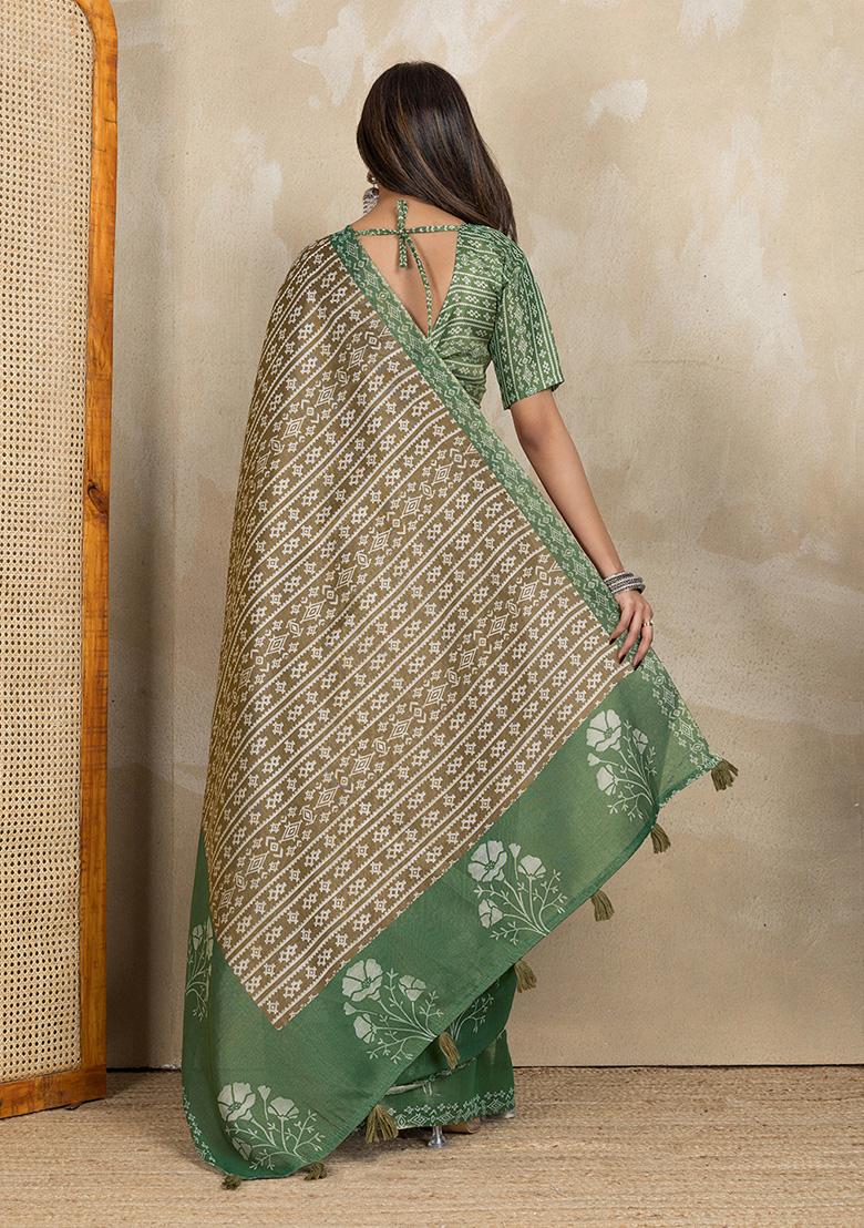Brown Printed Silk Saree Set - Indya