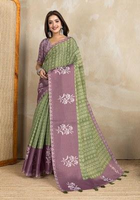 Green Printed Silk Saree Set
