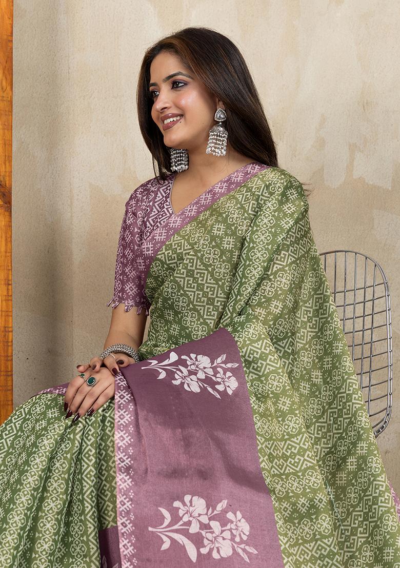 Green Printed Silk Saree Set - Indya