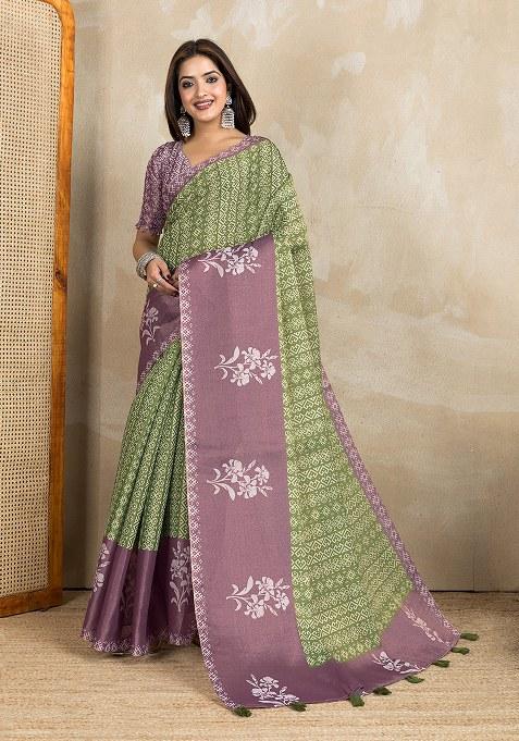 Green Printed Silk Saree Set
