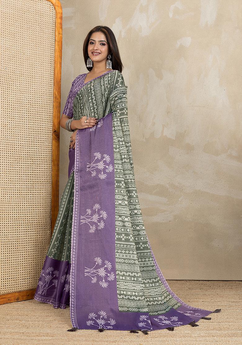 Green Printed Silk Saree Set - Indya