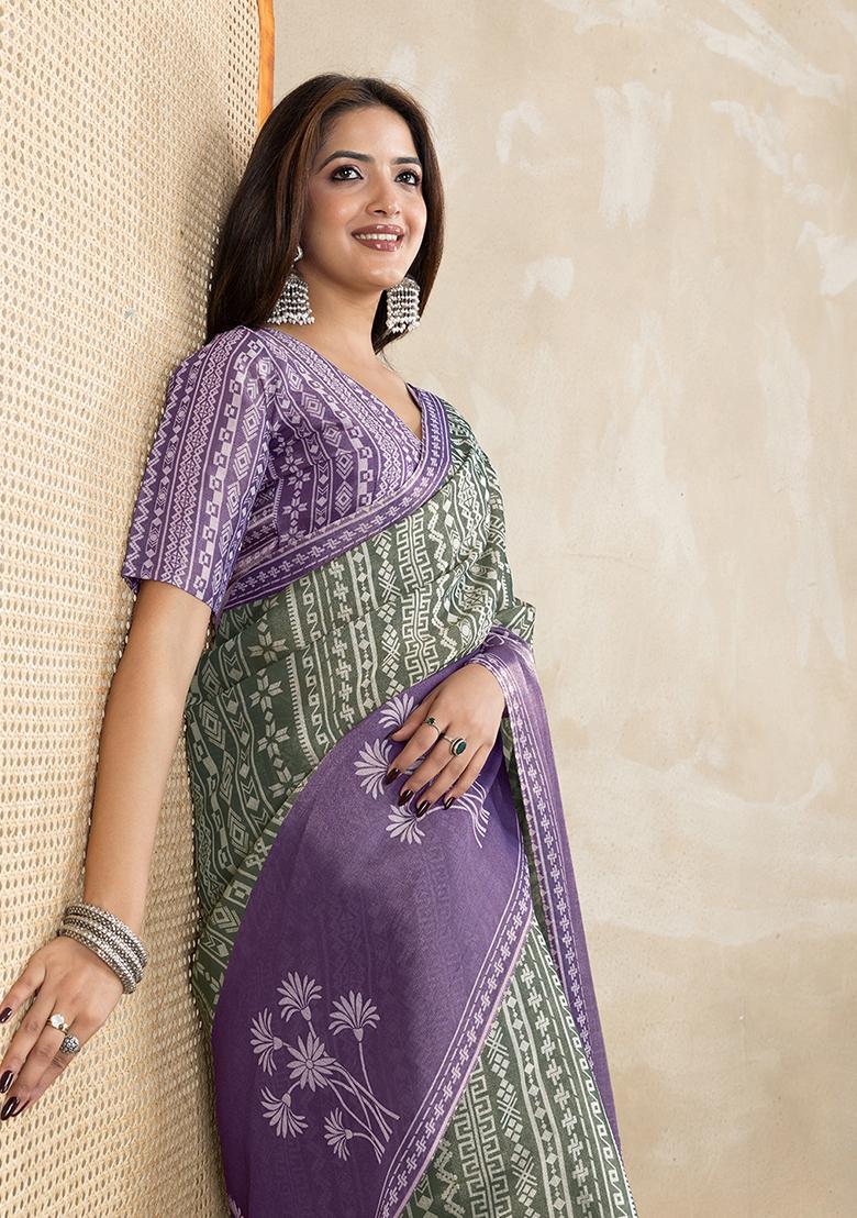 Green Printed Silk Saree Set - Indya