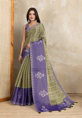 Olive Green Printed Silk Saree Set