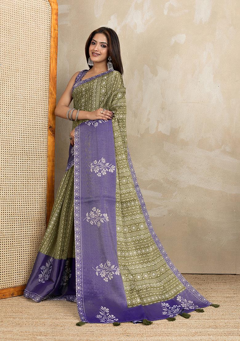 Olive Green Printed Silk Saree Set - Indya