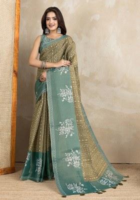 Olive Green Printed Silk Saree Set