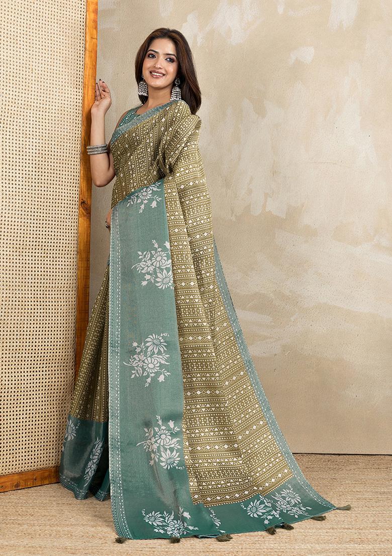 Olive Green Printed Silk Saree Set - Indya