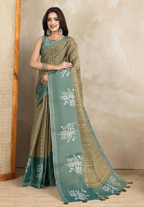 Olive Green Printed Silk Saree Set