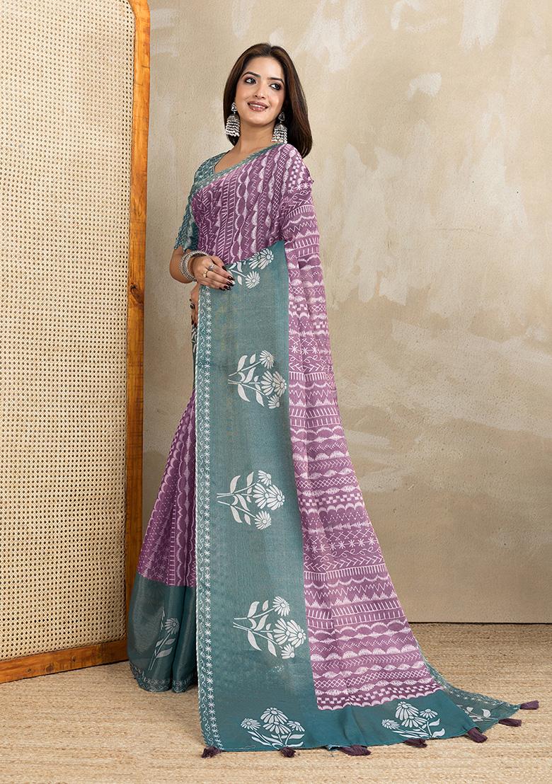 Purple Printed Silk Saree Set - Indya