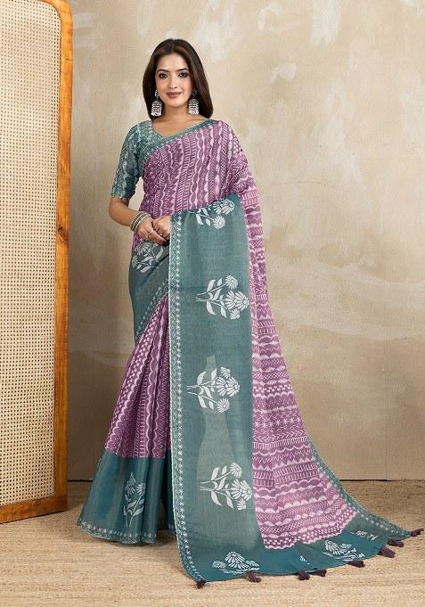 Purple Printed Silk Saree Set