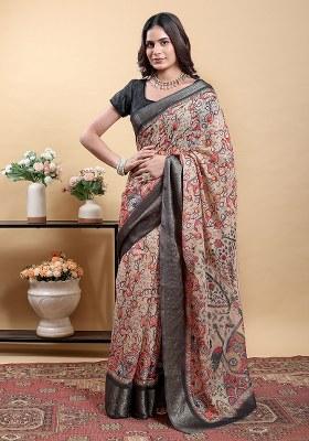 Beige Printed Linen Saree Set