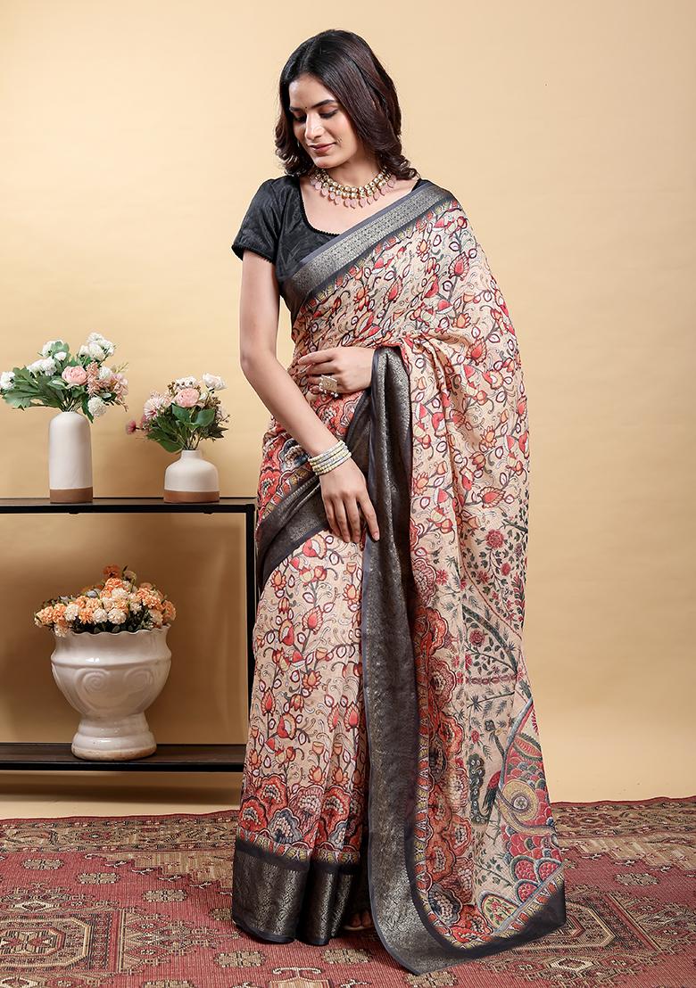 Beige Printed Linen Saree Set - Indya