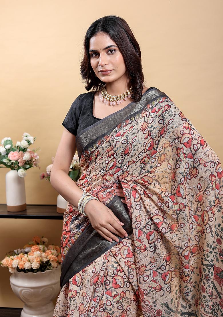 Beige Printed Linen Saree Set - Indya