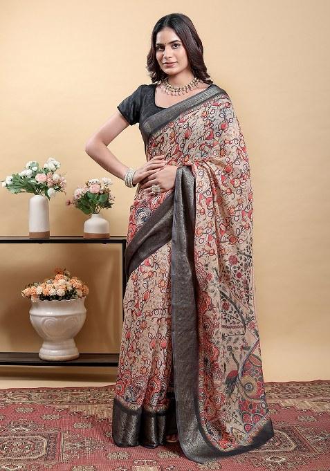 Beige Printed Linen Saree Set