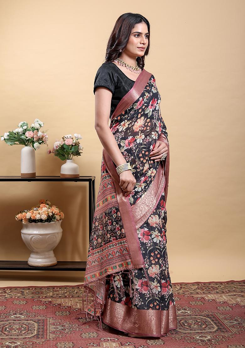Black Printed Linen Saree Set - Indya