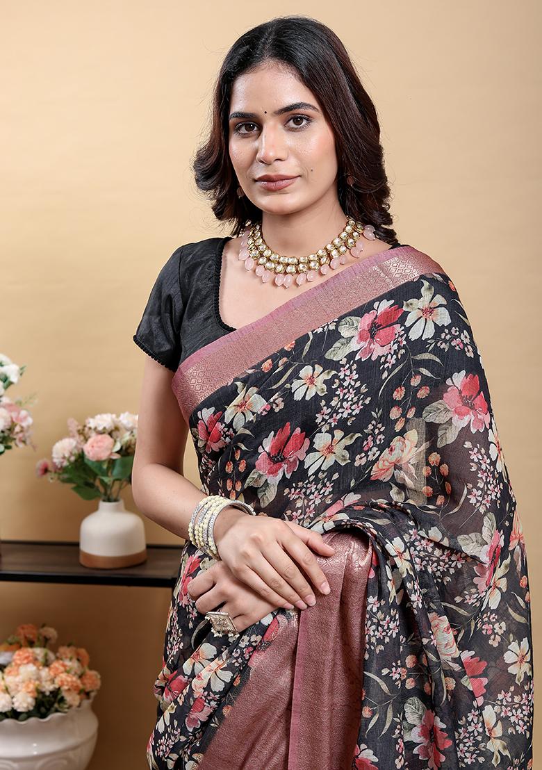 Black Printed Linen Saree Set - Indya