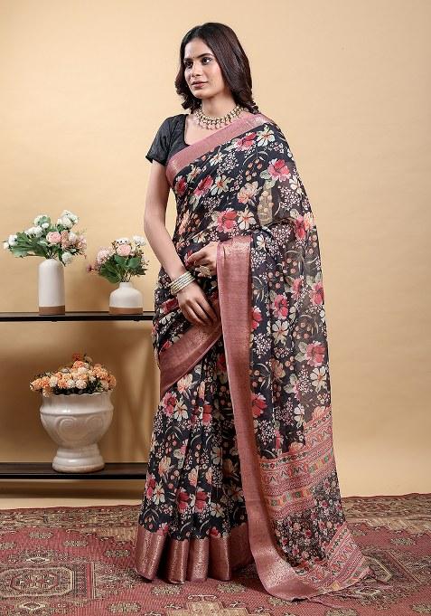 Black Printed Linen Saree Set