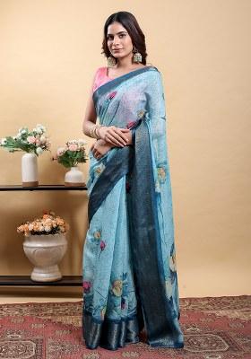 Blue Printed Linen Saree Set