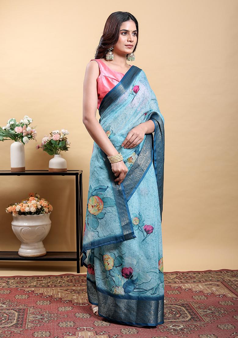Blue Printed Linen Saree Set - Indya