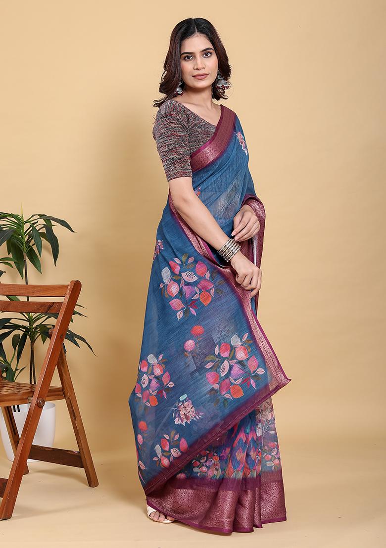 Dark Blue Printed Linen Saree Set - Indya