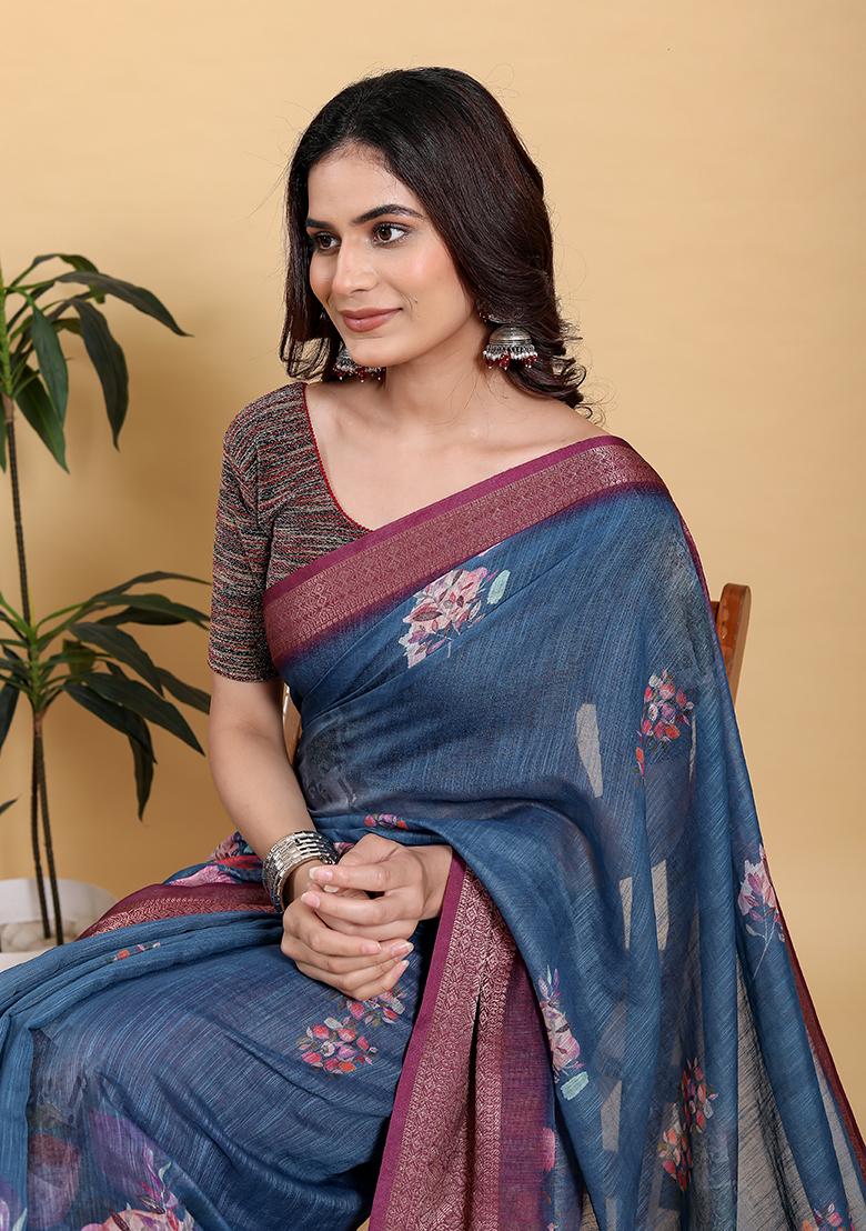 Dark Blue Printed Linen Saree Set - Indya