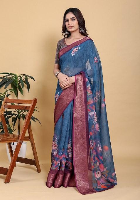 Dark Blue Printed Linen Saree Set