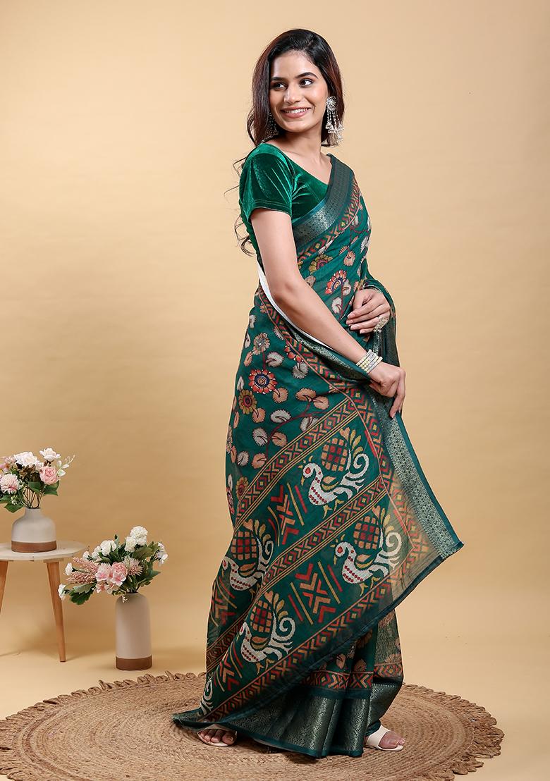 Dark Green Printed Linen Saree Set - Indya