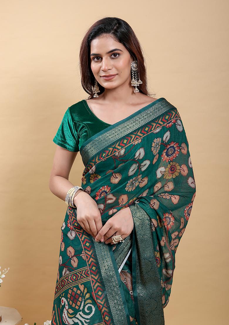 Dark Green Printed Linen Saree Set - Indya