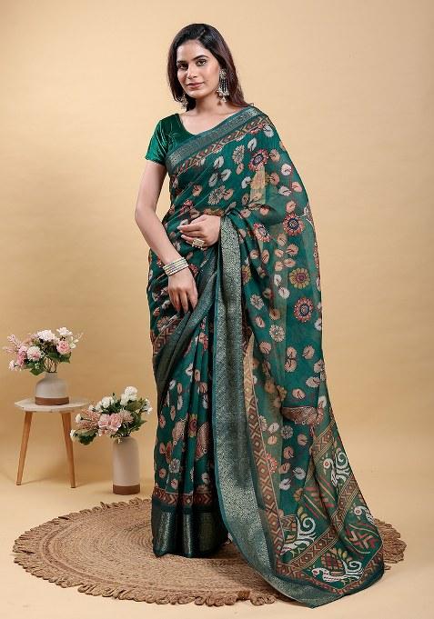 Dark Green Printed Linen Saree Set