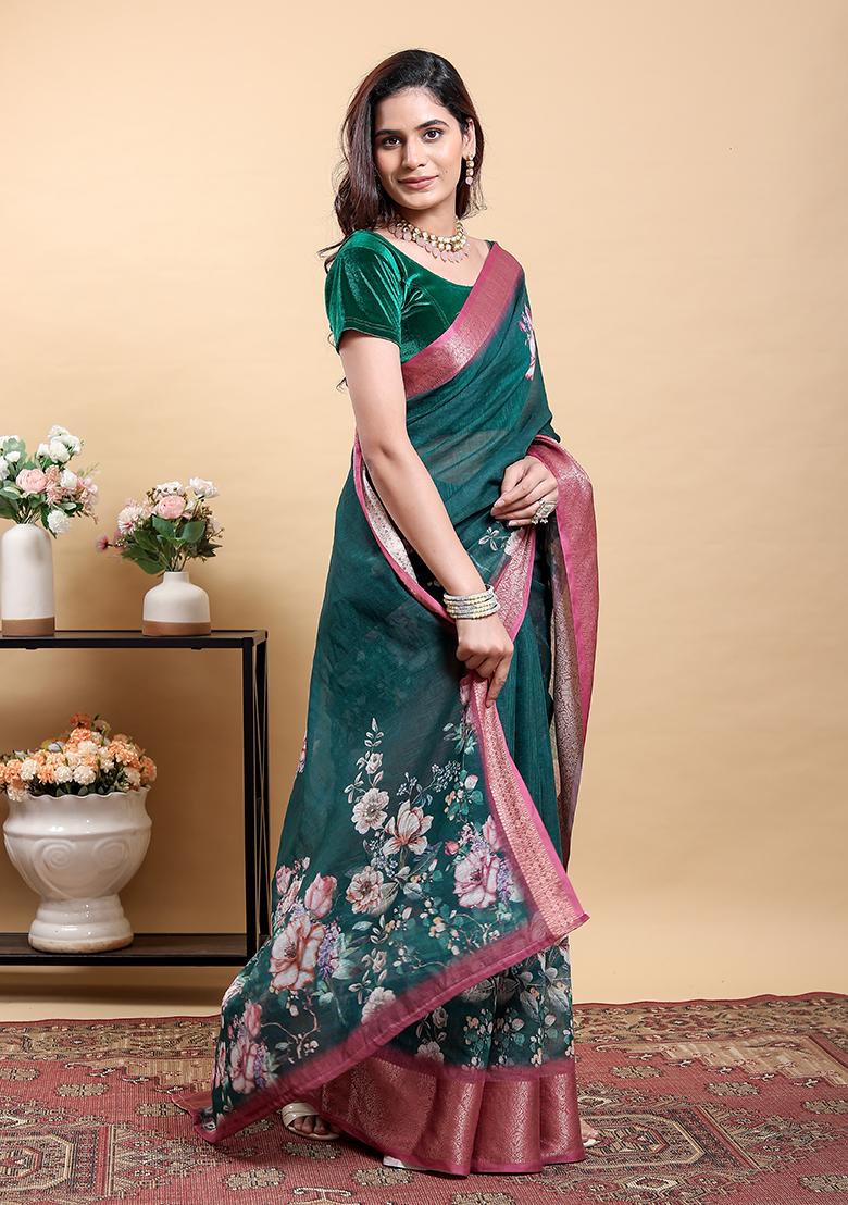 Dark Rama Printed Linen Saree Set - Indya