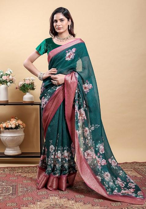 Dark Rama Printed Linen Saree Set