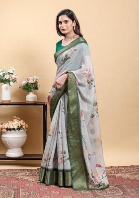 Green Printed Linen Saree Set