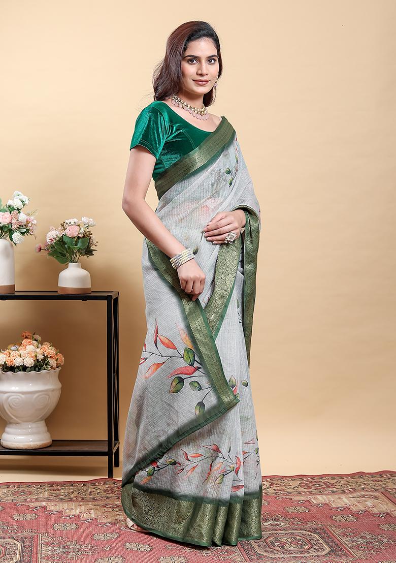 Green Printed Linen Saree Set - Indya