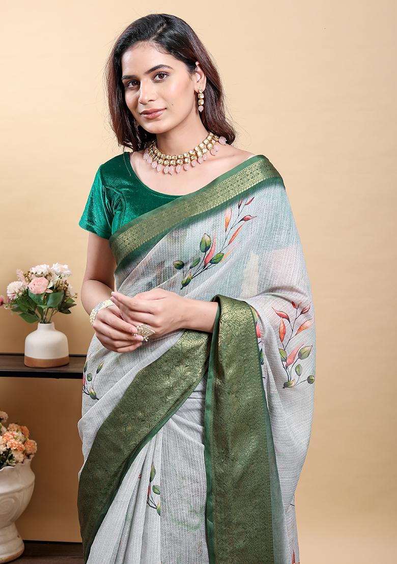 Green Printed Linen Saree Set - Indya