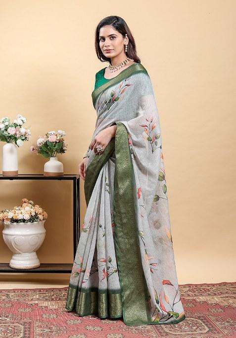Green Printed Linen Saree Set