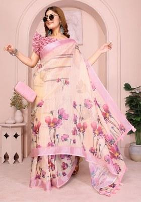 Beige Printed Linen Saree Set