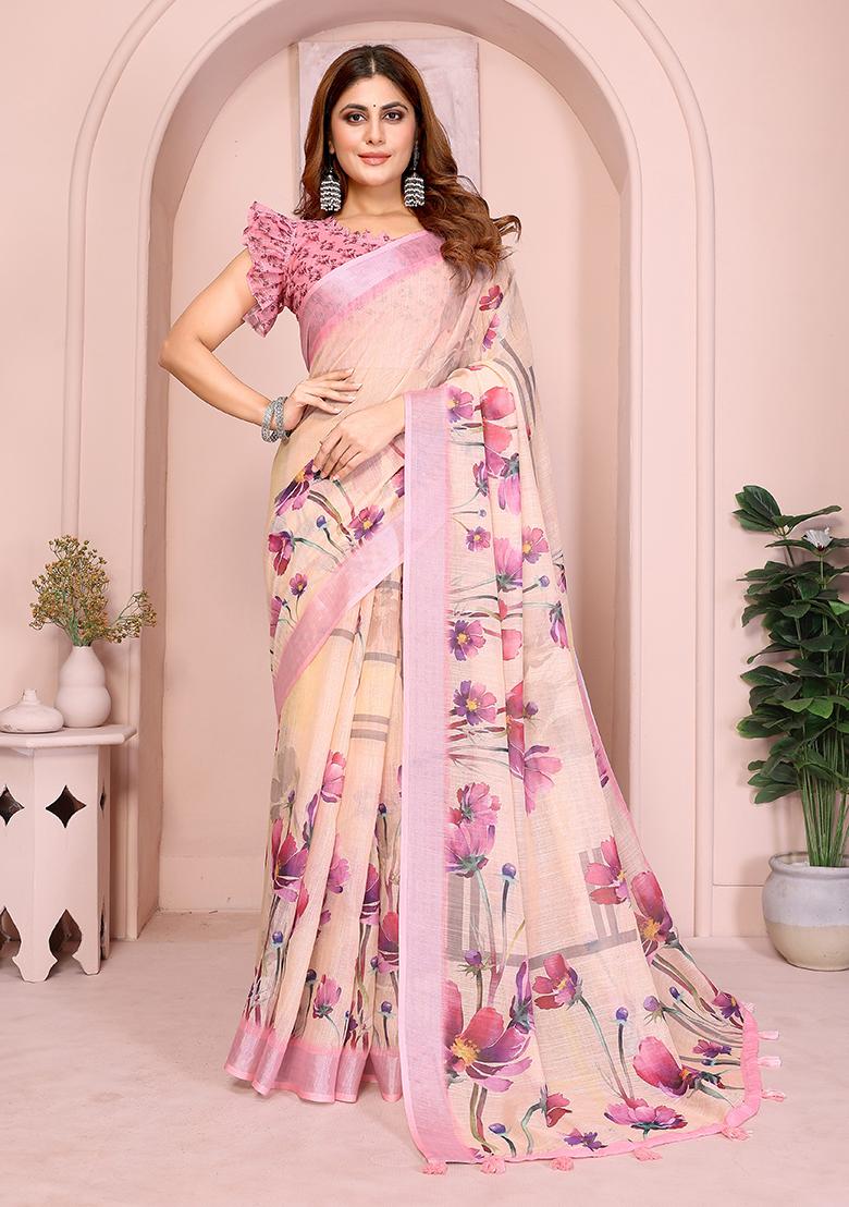 Beige Printed Linen Saree Set - Indya