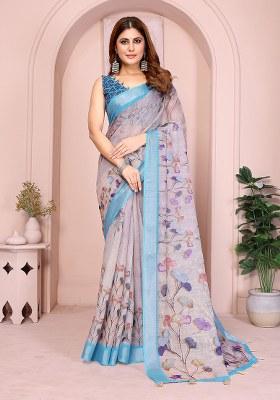 Beige Printed Linen Saree Set