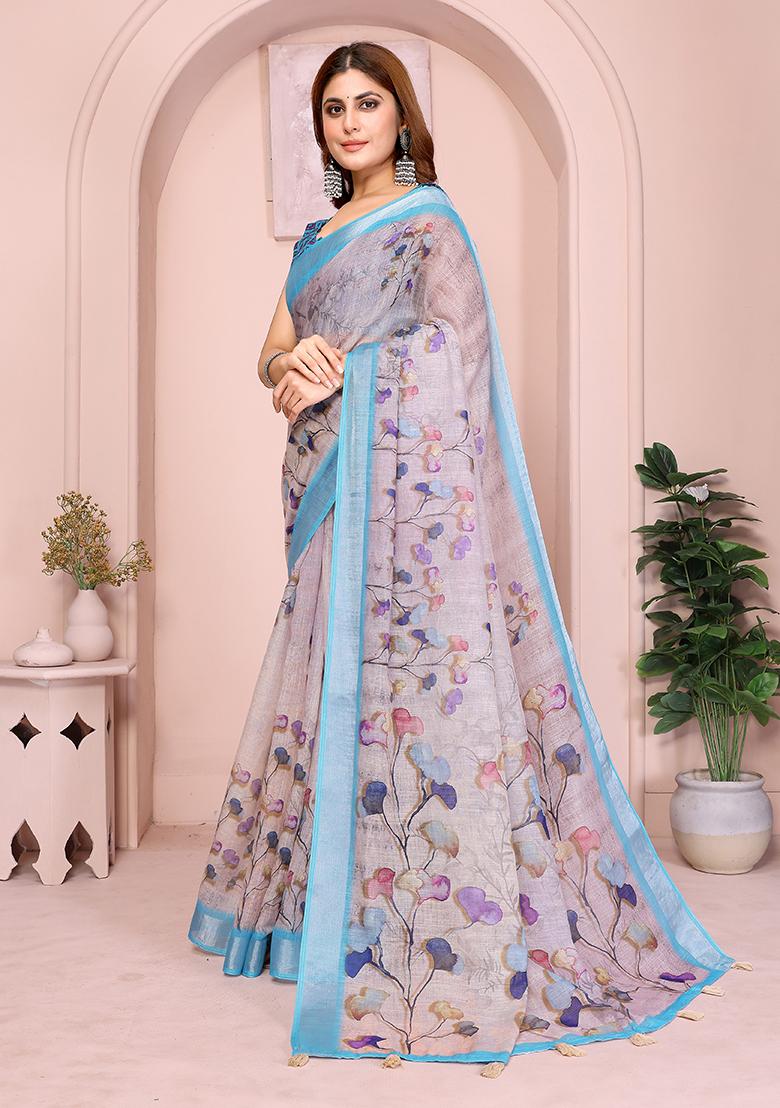 Beige Printed Linen Saree Set - Indya