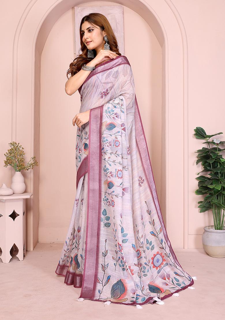 Beige Printed Linen Saree Set - Indya