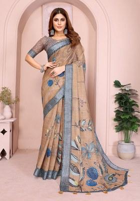Cream Printed Linen Saree Set